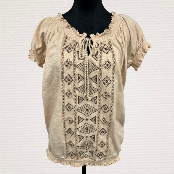 ST JOHN'S BAY Cream w/Brown Tribal Embroidery Boho Top, Cotton, Size Small - Picture 6 of 9